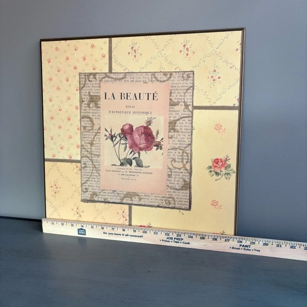 VTG Floral Wall Art Sign Decor Plaque Yellow Pink Cottagecore La Beaute 18 x 18